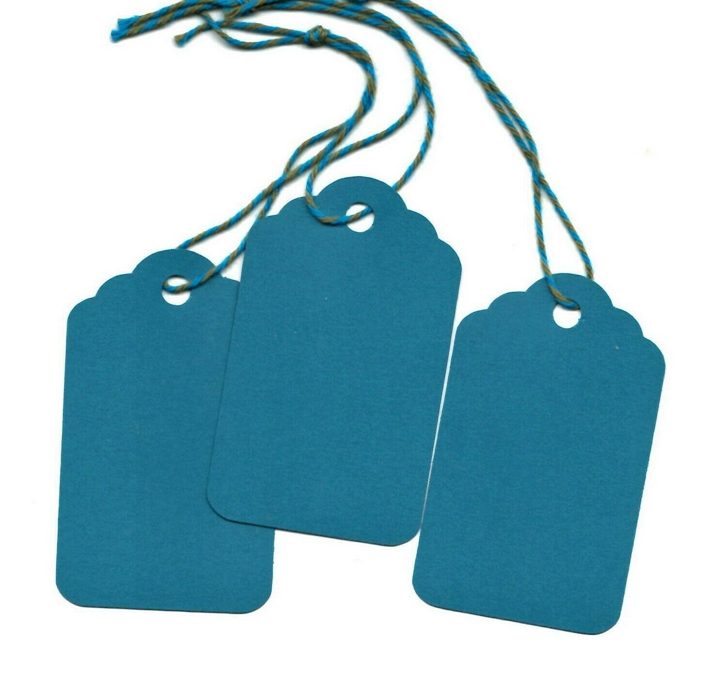 50 Blank Scalloped Gift Tags W/ Strings - Teal Blue - Strung Handmade Hang Price